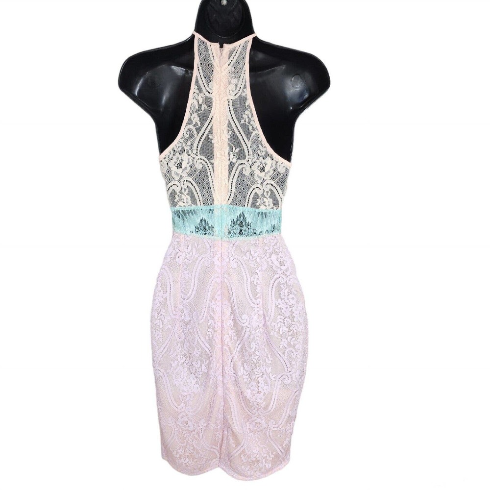 House of CB Womens Dress Alvaro Pink Purple Pastel Floral Lace Halter Bodycon S - Picture 3 of 10